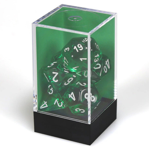 Translucent Poly Green/White 7-sided dice in clear acrylic case with black base, featuring white numbers on green polyhedral interior in transparent exterior with rounded edges, green dice, tabletop role-playing game accessories, dice set, polyhedral dice.