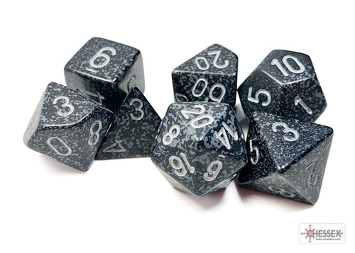 Speckled Poly Set Ninja 7 polyhedral dice set in dark gray with white numbers, featuring Hessex branding, includes seven standard dice, 4d6, d20, d12, d10, d8, d6, for tabletop gaming and RPG enthusiasts.