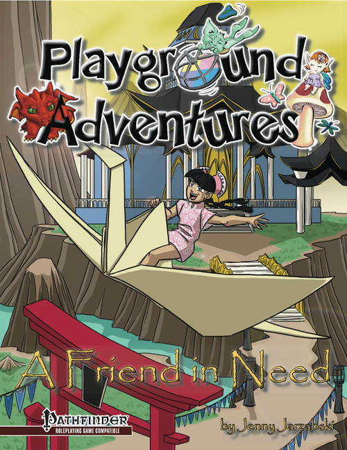 A Friend in Need" Pathfinder adventure PDF cover featuring a girl, origami boat, and crystal dragon, set in a fantasy monastery environment with a solo crystal dragon by author Jenny Jarzabek, compatible with the Pathfinder RPG.