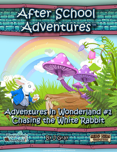 Adventures in Wonderland: Chasing the White Rabbit PDF book cover, featuring a white rabbit in a blue jacket, colorful illustrations, and whimsical designs for Hero Kids, suitable for kids' after school adventures, family-friendly mini-adventure.