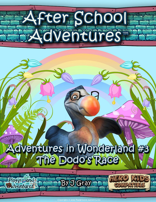 After School Adventures: ASA:AIW The Dodo's Race HK PDF cover features colorful illustrations of a cartoon dodo, flowers, and mushrooms on a blue background with orange text, white accents, and brick borders in a 11 x 8.5 inch format.