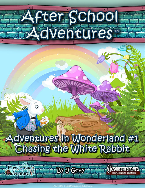 ASA:AIW Chasing the White Rabbit PDF book cover, featuring Pathfinder Roleplaying Game, vibrant illustrations of a white rabbit, rainbow, mushrooms, and greenery, children's fantasy adventure.