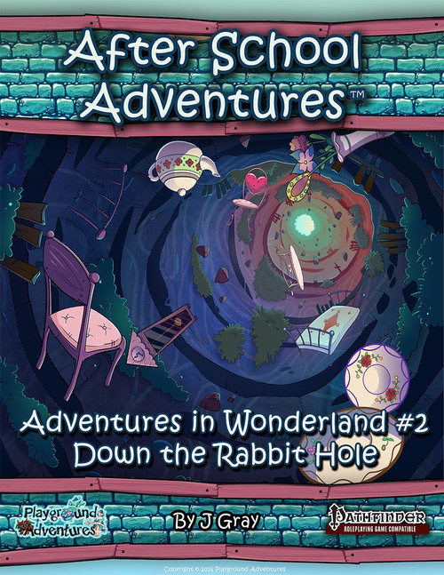 Pathfinder Roleplaying Game accessory, Down the Rabbit Hole PDF cover, featuring a whimsical cartoon scene with characters falling into a swirling rabbit hole in a white, black illustration style for ASA:AIW mini-adventure path.