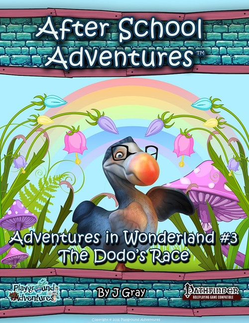 Pathfinder PDF featuring ASA:AIW The Dodo's Race cover art, a cartoon Dodo bird amidst rainbow, flowers and mushrooms, Pathfinder and Adventures in Wonderland branding.