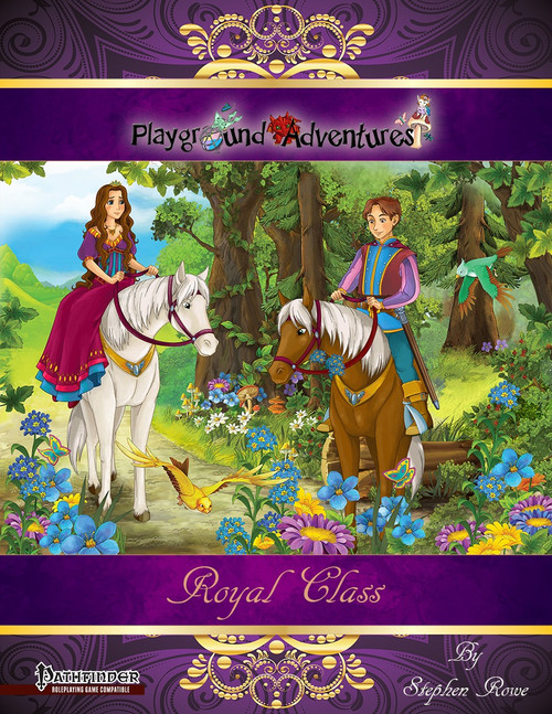 Royal Class PDF, featuring two young royal characters, a prince and princess in colorful outfits, riding horses surrounded by flowers and trees, suitable for younger children or new players.