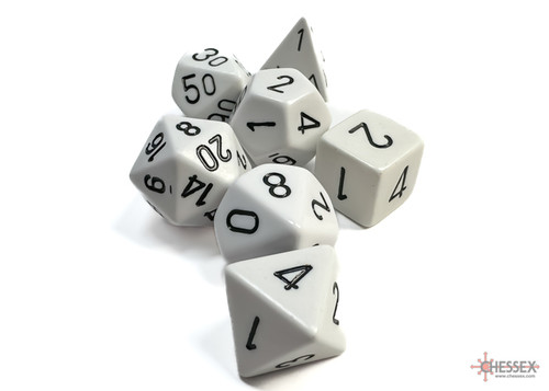 Seven Opaque Poly Set White/Black polyhedral dice in white and black, featuring various numbered sides, with brand packaging on a white background, a set including 7, suitable for tabletop gaming or DnD role-playing.