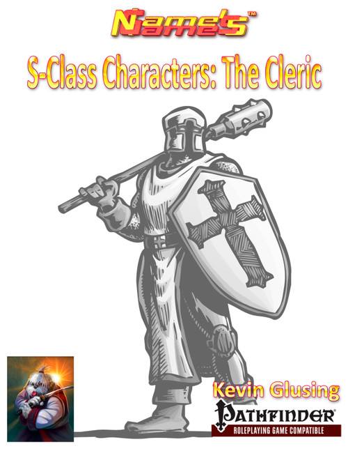 Kevin Glusing's black and white illustration of a Pathfinder RPG cleric character, with shield and mace, from S-Class Characters: The Cleric PDF, a 20-level class compatible with standard adventuring parties and designed for level 1-20 campaigns.