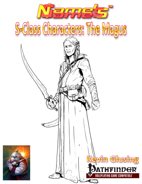 Black and white illustration of a long-haired magus holding a sword, wearing a long robe, S-Class Characters: The Magus PDF logo, by a Pathfinder RPG compatible character art by Kevin Glusing.