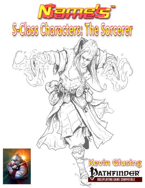 S-Class Sorcerer PDF for Pathfinder, a 20-level sorcerer class available for digital download, illustrated in black and white with title text, compatible with the RPG.