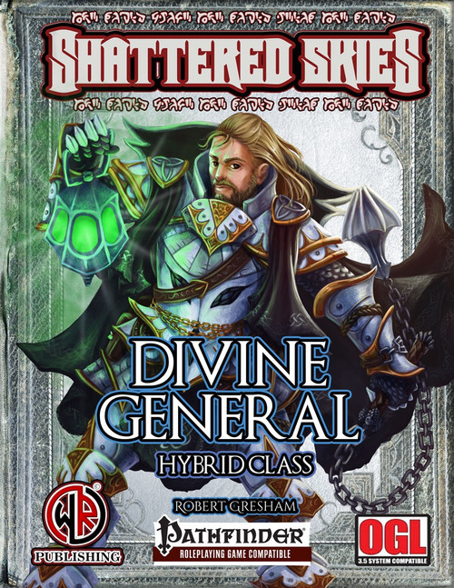 Divine General PDF cover art depicting a blond-haired warrior in shining silver and gold armor, holding a green glowing orb, representing a Pathfinder hybrid class and OGL game mechanics, 1-20 level system.