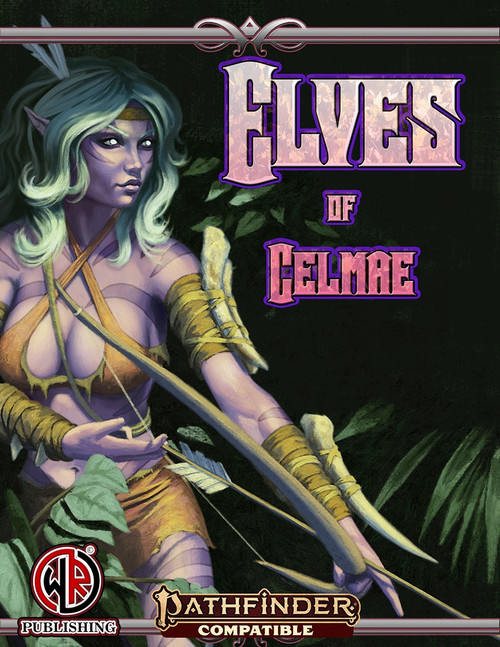 Elves of Celmae Second Edition PDF cover featuring a gold armored elf archer with bow and quiver on a dark green background with leaves, compatible with Pathfinder Second Edition RPG.