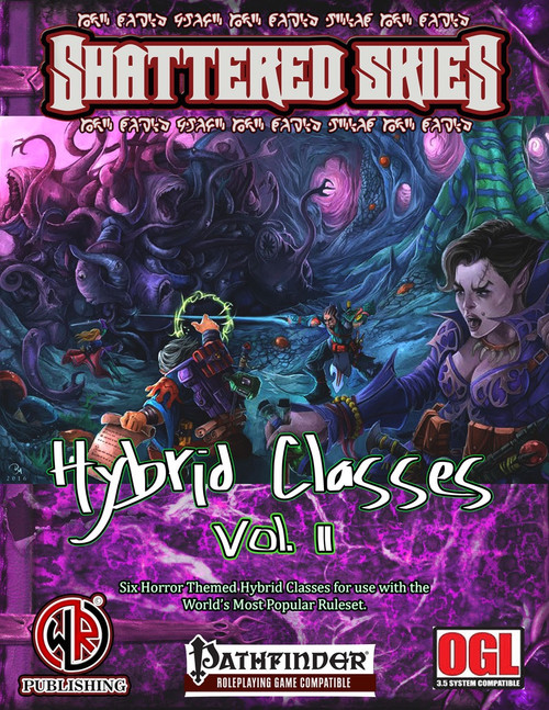 Hybrid Classes Vol. 2: Horror Heroes PDF cover featuring six hybrid classes. Includes Dimensionist, Incarnate, Bullet Disciple, and more, with horror themed purple and blue fantasy artwork and Pathfinder and OGL logos in a standard digital size, no physical media.