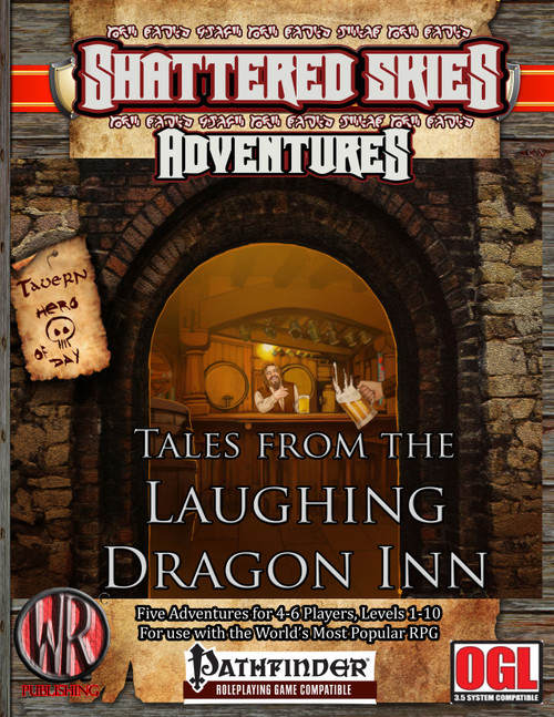 Tales From the Laughing Dragon Inn PDF cover art, a Pathfinder RPG-compatible publication featuring 5 one-session adventures for 4-6 players at levels 1-10, in a standard A4 size.