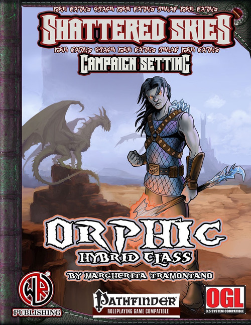 Orphic Hybrid Class PDF cover art depicting a fantasy character, dark-haired and accompanied by a dragon, in a desert landscape with a castle, showcasing the dynamic balance of mental powers and physical fury.