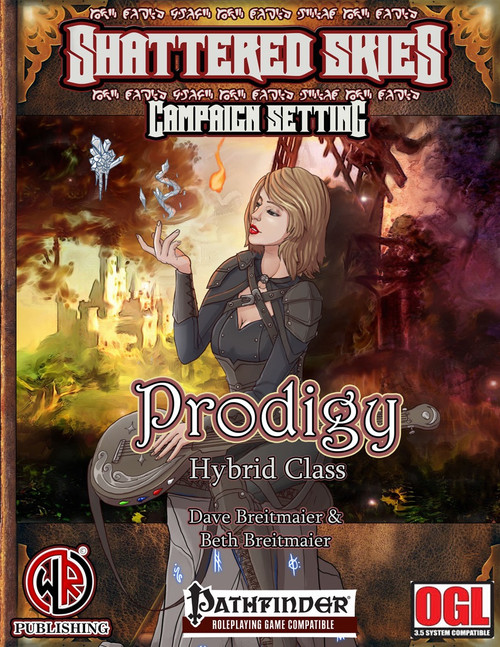 Prodigy Hybrid Class PDF cover featuring a female artist in black attire, holding a glowing blue flame, against a mystical castle backdrop, 20-level hybrid class inspired by bard and spiritualist mechanics, by Dave and Beth Breitmaier.