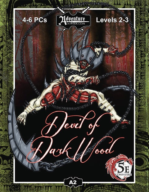 5E A02: Devil of Dark Wood PDF cover art, a 2-3 level 5th Edition compatible adventure featuring Bakinqa, a human-influenced devil, with dark background and green border, on high-fantasy theme.