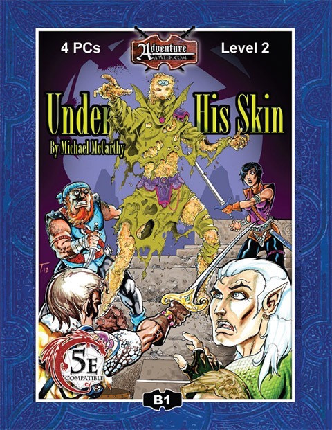 Under His Skin PDF adventure cover, 5th edition compatible fantasy roleplaying game for 4-6 PCs, featuring a necromancer and zombies in a dark fantasy setting with a purple background and decorative border.