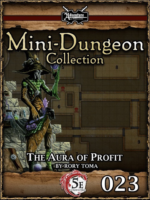 5E Mini-Dungeon #023: The Aura of Profit PDF cover art showcases a green alchemist in brown attire standing by an underground laboratory grid map, featuring a red and white logo, perfect for Dungeons & Dragons enthusiasts.