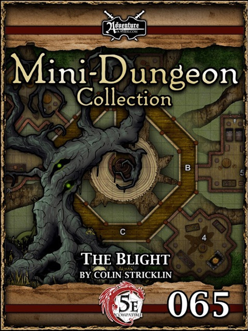A 5th Edition Mini-Dungeon adventure for 4 Level 3 PCs, featuring a rotting forest, designed by Colin Stricklin, part of the Mini-Dungeon Collection, includes a 5E PDF with a detailed tree map and dungeon layout.