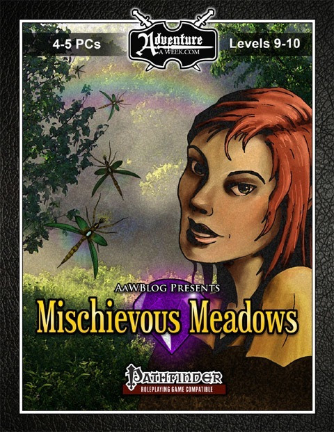 AaWBlog Presents: Mischievous Meadows PDF, a Pathfinder adventure for 4-5 level 9-10 players, featuring a red-haired woman, rainbow background, purple gem, and dragonflies in a bookmarked, 36-page PDF from AdventureAWeek.com.