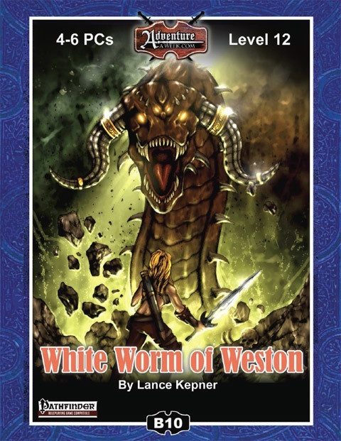 Pathfinder adventure White Worm of Weston PDF by Lance Kepner, a 3.5-compatible level 12 game for 4-6 players, featuring a white worm and adventurer in a town setting.
