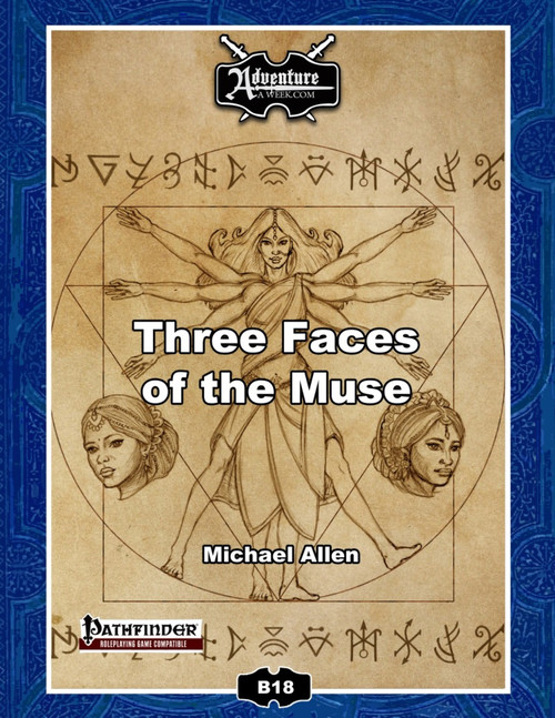 Three Faces of the Muse PDF cover art, a Renaissance-style drawing of a woman with multiple faces and arms, symbols, and Pathfinder logo, by Michael Allen for 7th level characters in fantasy RPGs.