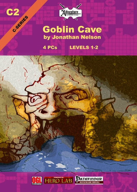 Pathfinder adventure module C2: Goblin Cave PDF, featuring a cover art with purple and orange hues, two grotesque faces, and branding elements for Hero Lab, OGL, and Pathfinder, Levels 1-2, suitable for 4 players online.