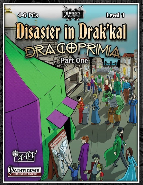 Pathfinder Adventure level 1 PDF, 'Dracoprimia 1: Disaster in Drak'kal', cartoon city scene with medieval-inspired purple and green architecture, featuring Pathfinder logo.