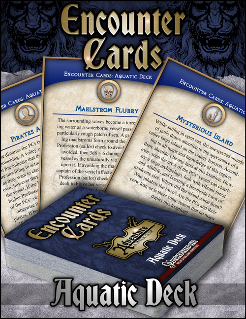 Aquatic Deck Encounter Cards in digital PDF format, featuring 30 waterborne adventures, including sea monsters, pirates, and harbor bureaucrats, with various themes and moderate to extreme difficulty levels for tabletop gaming encounters.