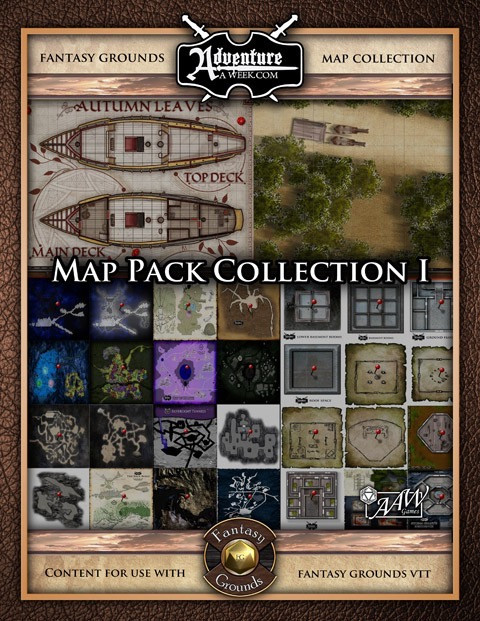 Map Pack Collection I (Fantasy Grounds) download, featuring 69 custom-built fantasy maps, including residential buildings, mills, caverns, and overland maps, for use in various game systems with grid thumbnail display on a brown background.