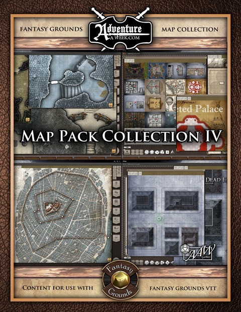 Map Pack Collection IV (Fantasy Grounds) digital download featuring 56 virtual tabletop maps from Adventureaweek.com, including residential buildings, forests, caverns, and cities in grey and brown tones.