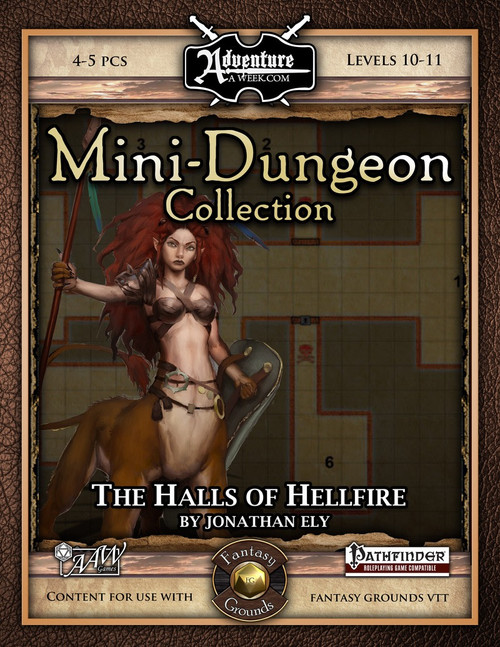 Mini-Dungeon #016: The Halls of Hellfire for Fantasy Grounds, a digital tabletop fantasy map featuring a former holy site, red-hued deserts, and a 4-5 player level 10-11 adventure suitable for virtual tabletop play.