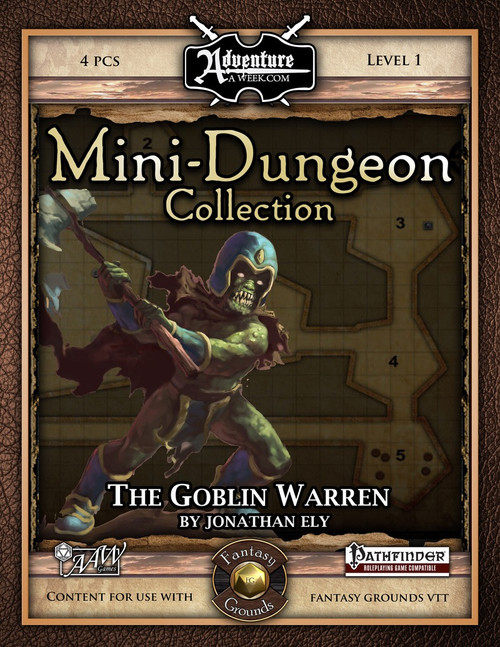 Mini-Dungeon #019: The Goblin Warren digital module for Fantasy Grounds VTT, a level 1 adventure for 4 characters, featuring a goblin warrior in a fantasy setting, compatible with Pathfinder and D&D.