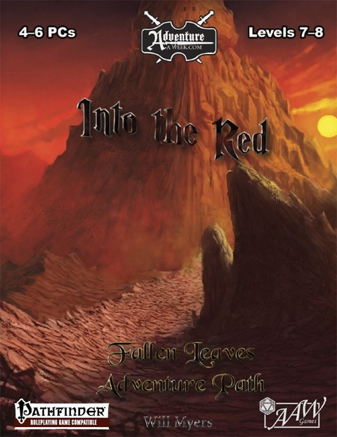 Pathfinder adventure Fallen Leaves 3: Into the Red PDF cover art, featuring a desert mountain landscape with the Fist of Heaven artifact quest, compatible with A3.5, for 4-6 level 7-8 PCs.