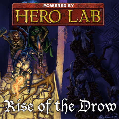 HeroLab Rise of the Drow PDF, a digital product featuring fantasy artwork and medieval-style typography, requires Pathfinder RPG Core Package and additional game books to function on Hero Lab.