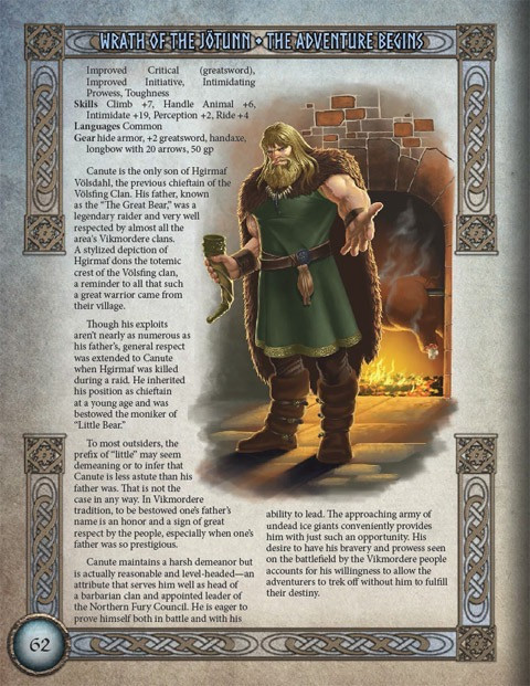 Into the Wintery Gale: Wrath of the Jotunn PDF, a 200-page fantasy adventure, featuring a bearded man in a green tunic and fur cloak, against an ornate Celtic border, with snowy winter background and firelit atmosphere.