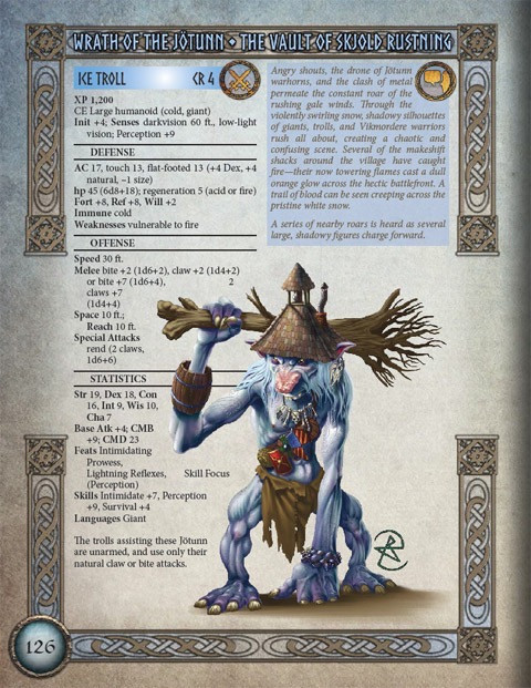 Into the Wintery Gale: Wrath of the Jotunn PDF, a 200-page mega-adventure featuring blue creatures with brown hats and clubs, amidst Celtic-inspired borders and statistics, against a beige background, with a fantasy winter theme and Viking-inspired design elements.
