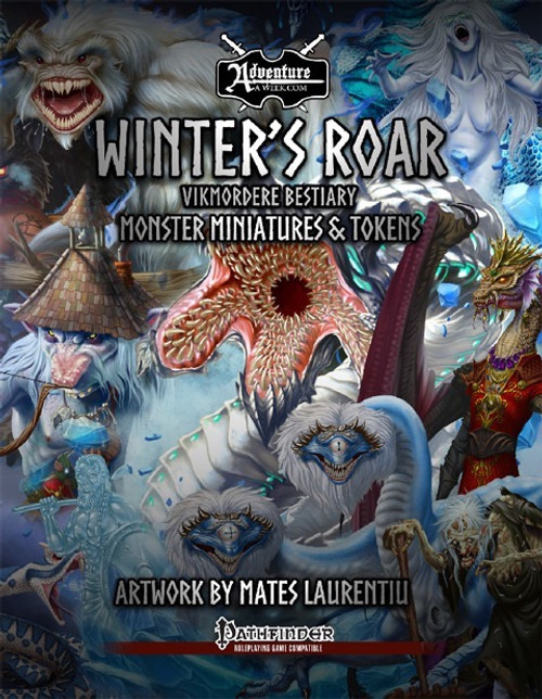 Winter's Roar Vikmordere Bestiary miniatures and tokens, featuring 30 constructable monsters and condition hoods, by Mates Laurentiu, perfect for tabletop play. Standard-sized miniatures with bases and cut-out tokens available in digital format.