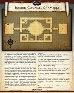 Pathfinder adventure map, Mini-Dungeon #001: Buried Council Chambers PDF, featuring beige, old-world styled underground chambers, compass rose, and text descriptions, a single-page, double-sided PDF for the Pathfinder Roleplaying Game.