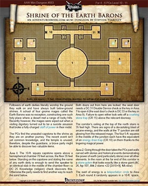 Mini-Dungeon #003: Shrine of the Earth Barons PDF, a fantasy map and text for 4-6 PCs level 10-11, featuring underground shrine layout of earth deity worship setting in gnomish architecture.