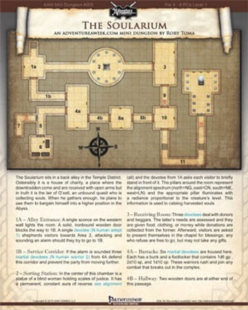 Pathfinder Mini-Dungeon map #005: The Soularium, a double-sided adventure for 4-6 level 1 PCs, featuring a charity house lair and soul collection chamber, perfect for Temple District settings in Pathfinder RPG.