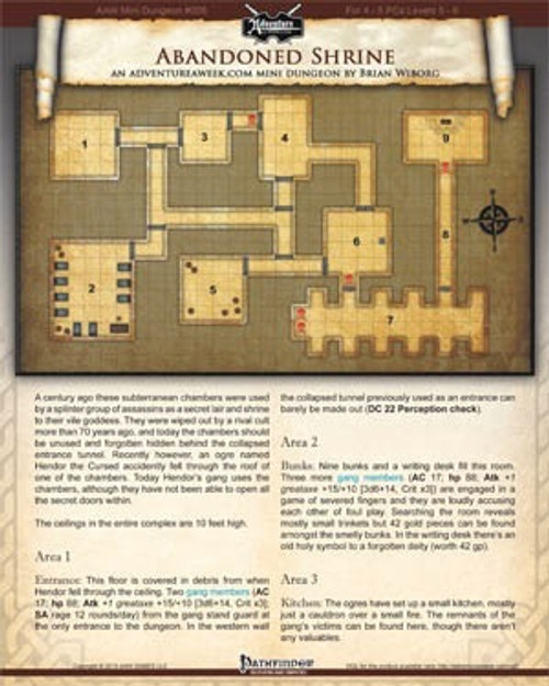 Mini-Dungeon #006: PDF layout, beige and brown tabletop RPG setup, featuring rooms and corridors for 4-5 players at levels 5-6, an abandoned underground lair and shrine for tabletop gaming.