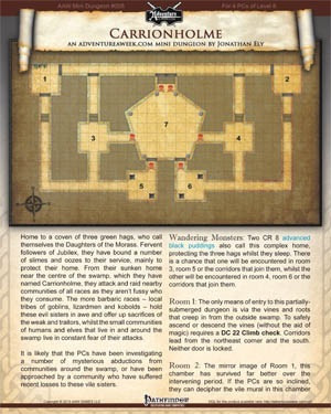 Mini-Dungeon #008: Carrionholme PDF map featuring sunken home of three green hags, detailed floor plan and descriptive text, for 4-5 level 4-5 players, fantasy adventure setting, D&D RPG game.