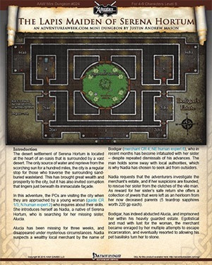 Mini-Dungeon #024: The Lapis Maiden of Serena Hortum PDF, a Pathfinder game setting in a desert oasis with maze and city details, suitable for 4-6 level 6 characters.