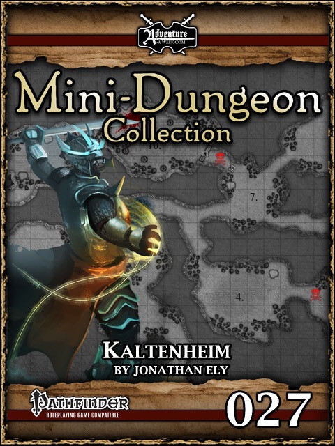 Pathfinder Mini-Dungeon Collection Kaltenheim #027 PDF, a single-page, double-sided adventure for four level 9 characters, featuring a raider with a huge sword and a white wolf set against a snowy map backdrop in a digital download.