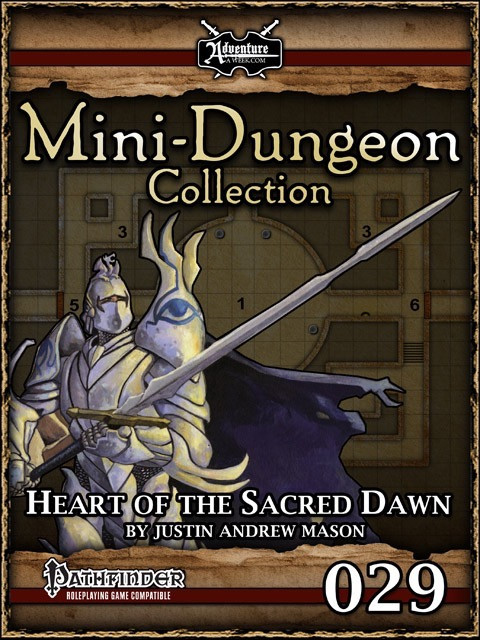 Mini-Dungeon #029: Heart of the Sacred Dawn PDF cover art features a silver-armored knight and winged creature with a sword on a brown grid, Pathfinder compatible RPG adventure for 4-5 level 20 PCs.