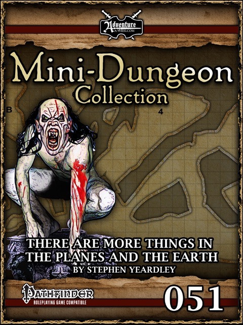Pathfinder Roleplaying Game PDF, Mini-Dungeon Collection #051, featuring a bloodied creature on a map background, suitable for 4-6 PC levels 4-5, setting agnostic, with a cold, otherworldly glow.