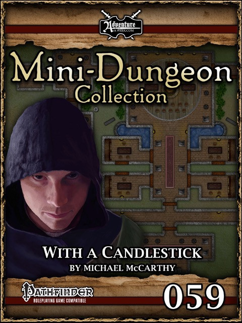 Mini-Dungeon #059 With a Candlestick PDF cover art features a hooded figure and map, including Pathfinder roleplaying game compatible elements, in a dungeon setting with a mysterious character.