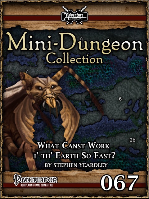 Mini-Dungeon #067 PDF cover features a fantasy creature amidst an ancient map background, set against a brown and gold color scheme, highlighting 'Pathfinder Roleplaying Game Compatible' and 'Level 11-12' adventure for 4-6 PCs in a fantasy realm.