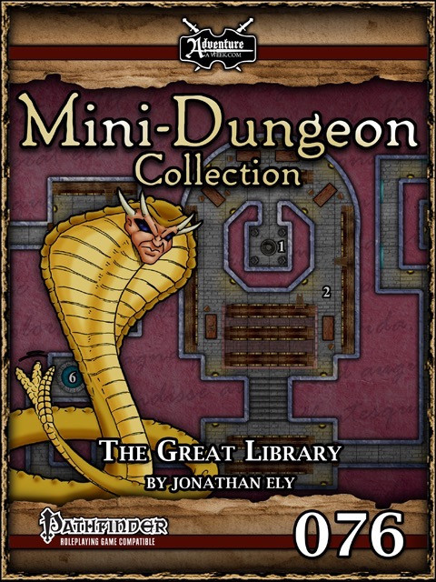 Mini-Dungeon #076: The Great Library PDF cover, Pathfinder RPG adventure, features a yellow snake-like creature, a dark naga, on a map background, with a dungeon layout and logo, in a fantasy setting.